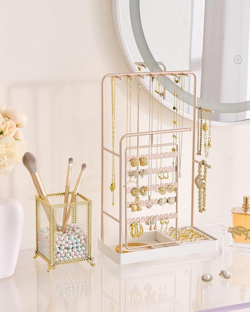 Procase Jewelry Stand Holder Organizer, Jewelry Display Storage with Ring Tray, No-Assembly Needed, Rotating Earring Bracelet Necklace Holder, Christmas Gifts Room Dorm Decor for Teen Girls -Champagne - Image 2